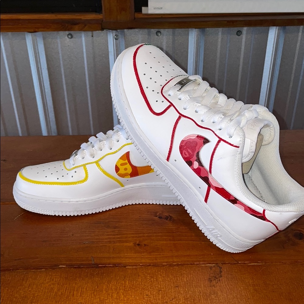 Custom White Sneakers with Red and Yellow Accents